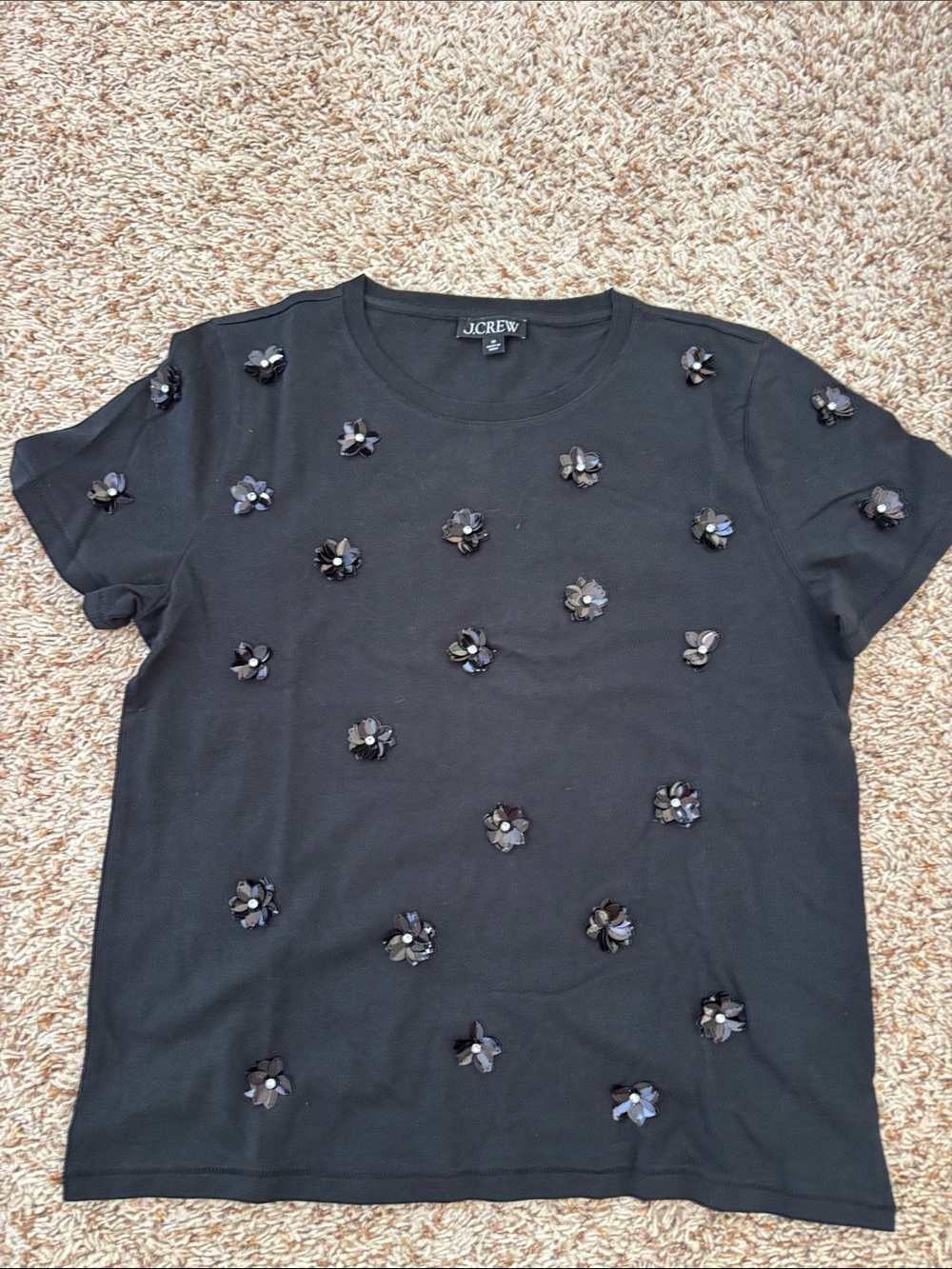 J. Crew Black Short Sleeve Tee with Floral Sequin Appliqués